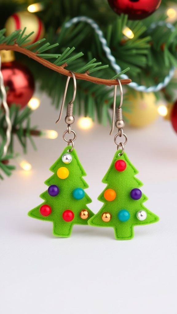 Handmade Christmas tree earrings with colorful beads on a festive background.